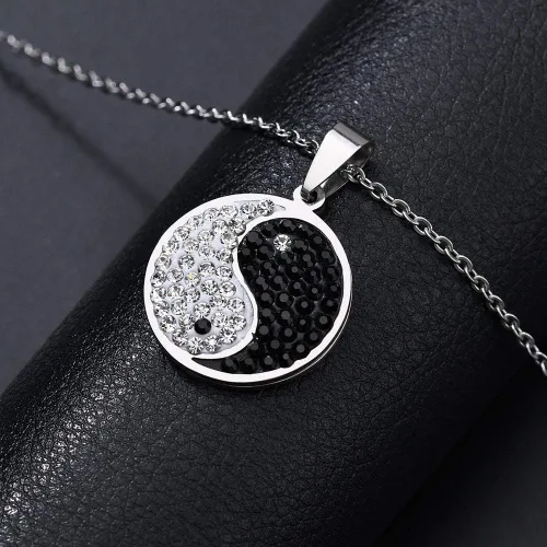 Vista 5 de Yin Yang collar quirúrgico de acero inoxidable chino Taiji Bagua joyería con diamante ocho diagramas, Metal, Circonia cúbica