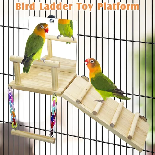 Vista 2 de BNOSDM Plataforma de perca para pájaros con espejo, escalera de escalada de madera para periquitos, juguetes de columpio para pájaros pequeños