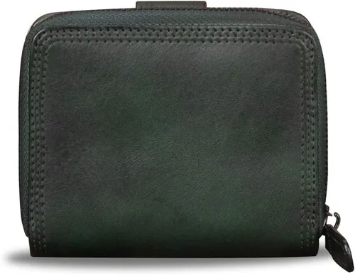 Vista 3 de Billeteras de cuero plegables para mujer, estilo vintage, hechas a mano, pequeño, con cremallera, Verdeoscuro, Billetera plegable