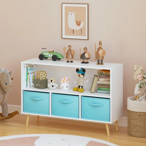 Vista 7 de Estantería infantil con 3 cajones de tela plegables, organizador de almacenamiento de juguetes con múltiples estantes para niñas y niños, habitación