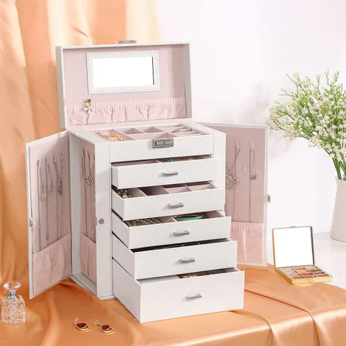 Vista 8 de ANWBROAD Enorme caja de joyería de 6 niveles organizador de joyas con cerradura de espejo caja de joyería para niñas aretes anillos collares
