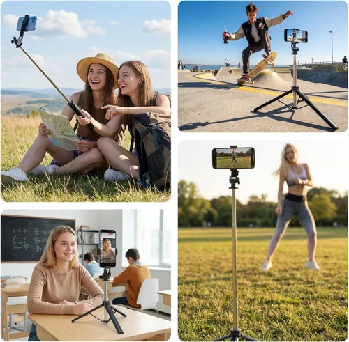 Vista 6 de Trípode de teléfono de 70 pulgadas y palo selfie con luz, soporte de trípode de metal con control remoto inalámbrico, trípode portátil para selfie