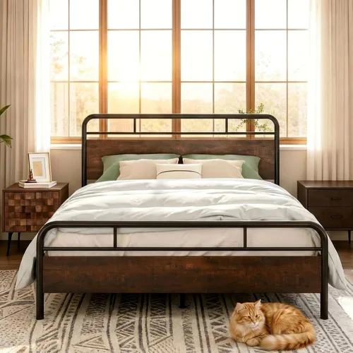 Vista 10 de IMUsee Base de cama matrimonial con cabecera de madera industrial, almacenamiento debajo de la cama de 12 pulgadas, base de colchón, no necesita