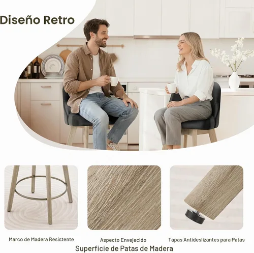 Vista 3 de Juego de 2 taburetes de bar de altura de mostrador, modernos taburetes de bar giratorios con respaldo y patas de madera, sillas de bar tapizadas
