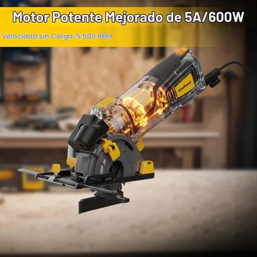 Vista 3 de Enventor Mini sierra circular, sierra circular eléctrica mejorada de 5A/600 W, con cable con guía láser, 5,500 RPM, 3 hojas de sierra compactas