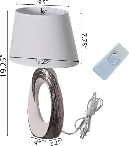 Vista 4 de Quickway Imports Lámparas de mesa de diseño, lámpara de mesa decorativa de cerámica de 19 pulgadas, con soporte ovalado plateado y blanco y pantalla
