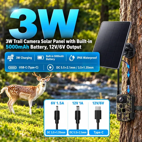 Vista 2 de Trail Camera Solar Panel, Mini Solar Battery Charger DC 12V/1A 6V/1.5A & USB-C Build-in 5000mAh Rechargeable Lithium Battery, IP66 Waterproof