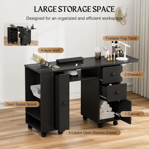 Vista 3 de Mesa de manicura con mesa extensible, mesa de escritorio de uñas para tecnología de uñas con soporte para bolsa de basura y cajón vertical, estación