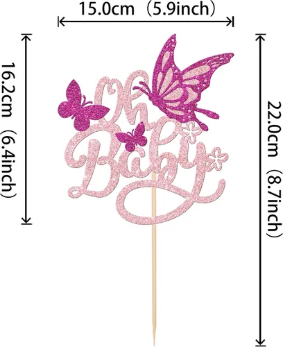 Vista 2 de 1 pieza de decoración de pastel de mariposa Oh Baby con purpurina para baby shower, mariposa para revelación de género, baby shower, fiesta