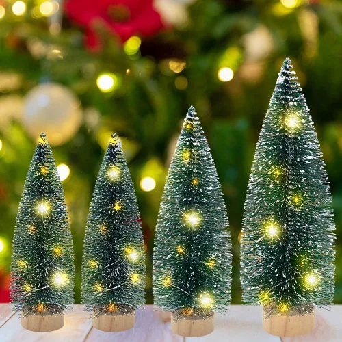 Vista 6 de Mini árbol de Navidad con luces, árboles de Navidad de cepillo de botella con base de madera, mini árbol de pueblo navideño de mesa