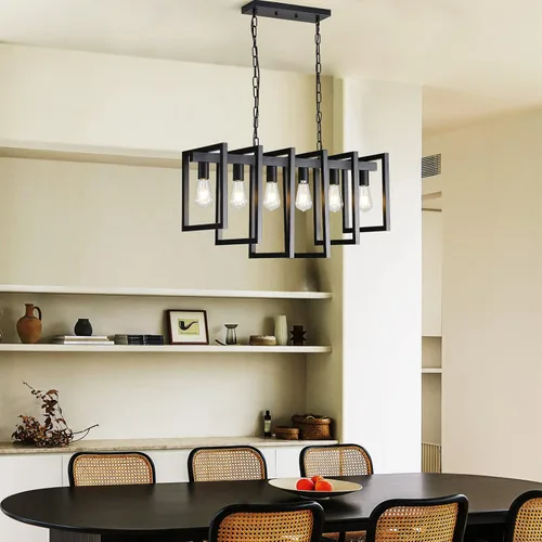 Vista 6 de Lámpara de comedor de 6 luces, candelabros negros para comedor, moderna lámpara de granja, accesorios de iluminación colgantes rectangulares