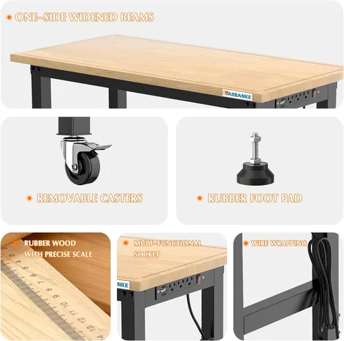 Vista 3 de Banco de trabajo ajustable de 48 pulgadas con ruedas, mesa de trabajo de madera de goma resistente con tomas de corriente, básculas de precisión