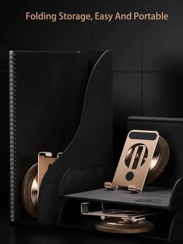 Vista 6 de Soporte ajustable de aluminio para teléfono celular, soporte plegable para teléfono de escritorio totalmente ajustable con base de madera
