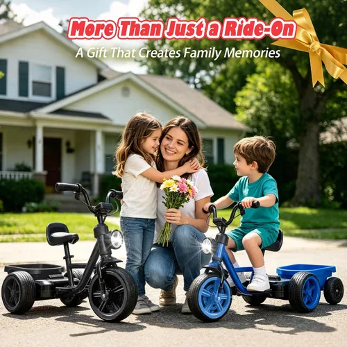 Vista 9 de Triciclo eléctrico de 12 V para niños, bicicleta para niños pequeños con estructura triangular estable, asiento ajustable, ruedas anchas de EVA Negro