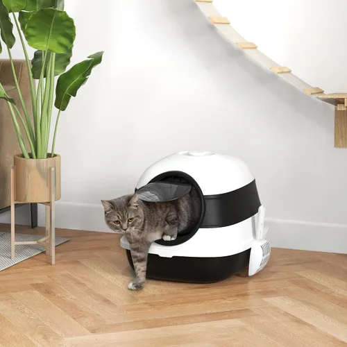 Vista 2 de PawHut Caja de arena para gatos, cubierta, lados altos, ambientador, entrada bidireccional, plegable, fácil de limpiar, blanco y negro