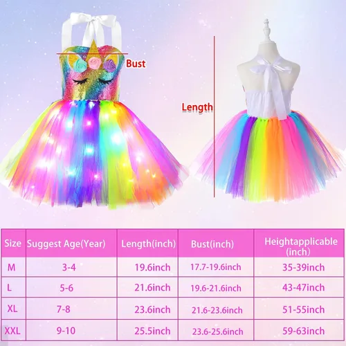 Vista 2 de Camlinbo Christmas Lighted Unicorn Tutu Dress for Girls Princess Dress with Headband Christmas Party Costume Girls 3-10 Years