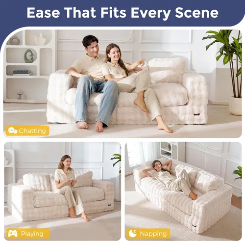 Vista 4 de MAXYOYO Sofá de 3 plazas para sala de estar, sofá sin hueso, cómodo puf con burbujas para apartamento, no necesita montaje, color beige