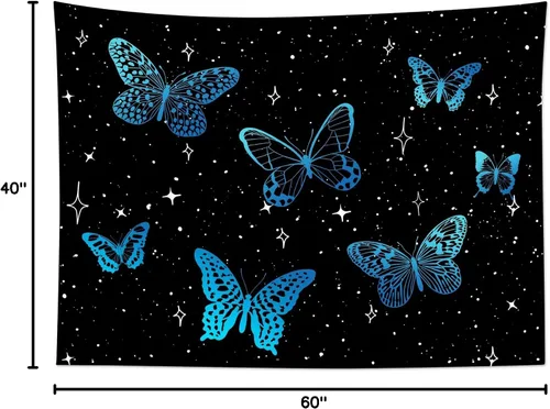 Vista 10 de HVEST Tapiz de mariposa para decoración de habitación, mariposas azules de fantasía en cielo estrellado, tapiz para colgar en la pared, tapiz negro