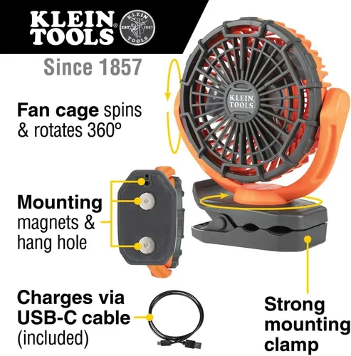 Vista 2 de Klein Tools PJSFM1 Ventilador recargable inalámbrico con cable de carga USB-C y múltiples opciones de montaje, perfecto para el lugar de trabajo