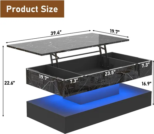 Vista 2 de chartustriable Mesa de Centro Grande de 39.4" con Tapa Elevable y Estación de Carga, Mesa Central LED Moderna de Alto Brillo con Compartimento