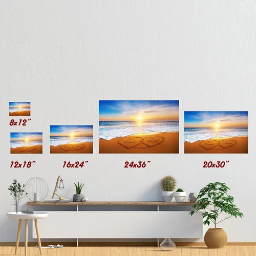 Vista 6 de Corazón y corazón en hermoso amanecer fotos personalizadas únicas o impresiones en lienzo con nombres de pareja y fecha especial en la playa, regalo