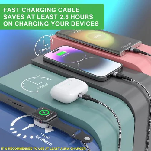 Vista 3 de TOP-UP Cable de carga múltiple para cargador de Apple Watch (6 pies), cable trenzado 4 en 1 para múltiples dispositivos, USB C/Micro/Multi cargador