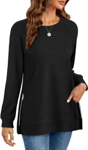 Vista 3 de OFEEFAN Sudaderas de manga larga para mujer, cuello redondo con cremallera lateral 2023