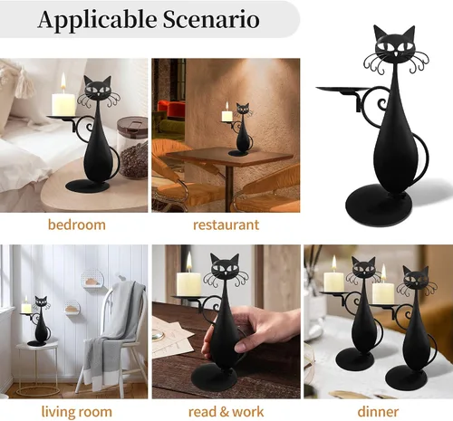 Vista 11 de Portavelas de gato negro para velas de pilar sin llama, velas LED retro rústicas estilo granja para el hogar, decoración de gato de metal