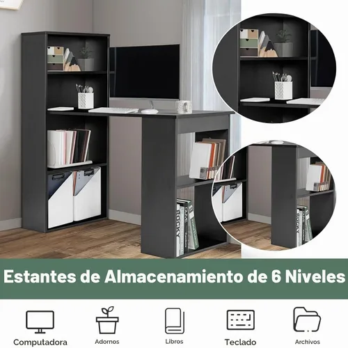 Vista 3 de Tangkula Escritorio para computadora con estantería, escritorio para escritura y estudio con estantes de almacenamiento y soporte para CPU, estación