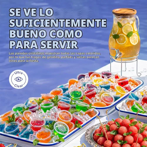 Vista 4 de GUSTO [2 oz.-100] Unidades Vasos de Plástico Desechables Transparentes para Porciones con Tapas - Vasos de Soufflé, Vasos para Shots de Gelatina