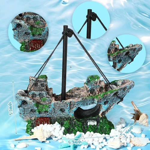 Vista 5 de Wenqik Decoraciones de Acuario Grandes, Naufragio Hundido de Resina, Cofre del Tesoro Submarino, Ruinas de Castillo Antiguo Túnel Casa, Plantas