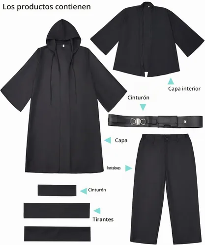 Vista 2 de Disfraz de Jedi para niños para cosplay de Anakin, túnica con capucha, versión negra, talla S Negro (juego completo)