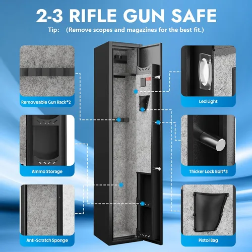 Vista 6 de KAER Caja fuerte para armas 2-3, caja fuerte para rifles y pistolas, gabinete de armas para escopetas, gabinete largo para escopetas con estante