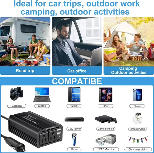 Vista 3 de Inversor de corriente de 300 W, adaptador de enchufe de coche de 12 V CC a 110 V CA, adaptador de enchufe de automóvil a enchufe de pared