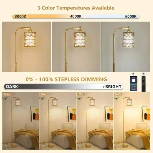 Vista 2 de LAMSU Modernas lámparas de pie doradas para sala de estar, lámpara de pie de ratán bohemio con bombilla LED regulable y control remoto, lámpara