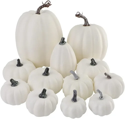 Vista 8 de Artmag Paquete de 12 calabazas artificiales de color naranja de varios tamaños, calabazas falsas grandes para otoño, Acción de Gracias, Halloween