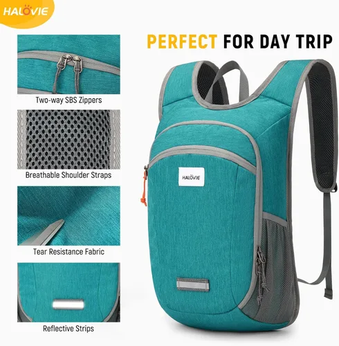 Vista 4 de HALOVIE Mochila pequeña de senderismo 10L, mochila ligera plegable y de día, mochila de viaje plegable para mujeres y hombres (Cian)