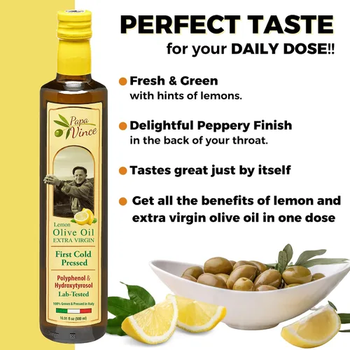 Vista 4 de Papa Vince Aceite de Oliva Virgen Extra - Primero prensado en frío, Aceite de oliva rico en polifenoles (AOVE). Agrumato de limón, sin filtrar