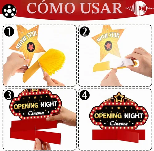 Vista 4 de Chinco 12 piezas de decoración de fiesta nocturna de cine, suministros de centro de mesa de panal de abeja 3D, micrófono, boleto, estrella, video