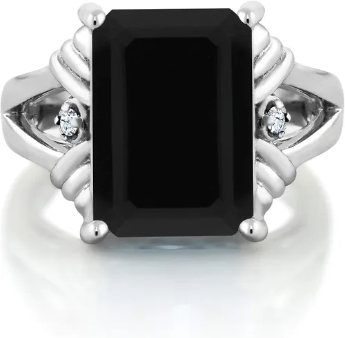 Vista 2 de Gem Stone King Anillo de compromiso de mujer de plata de ley 925 con ónix negro y zafiro blanco 739 quilates de piedras preciosas de corte esmeralda