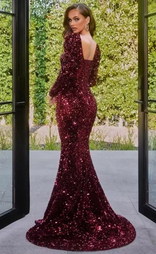 Vista 4 de Vestidos de graduación con abertura, lentejuelas brillantes, cuello en V, manga larga, sirena, vestidos de fiesta formales para mujer con cola