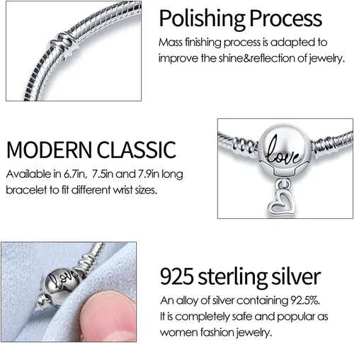 Vista 5 de KUNSIR Pulsera de plata de ley 925 con cadena de serpiente con hebilla redonda de amor, pulseras para mujeres y adolescentes