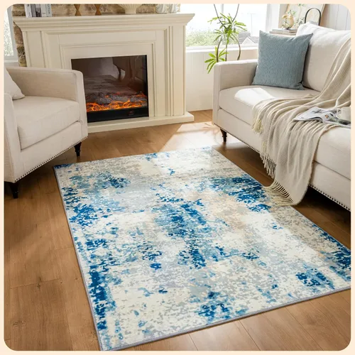 Vista 395 de Istana Alfombra larga antideslizante de 2.5 x 8 para el hogar, para pasillo y cocina, lavable, sedosa y suave al tacto, elegante, color azul y marfil