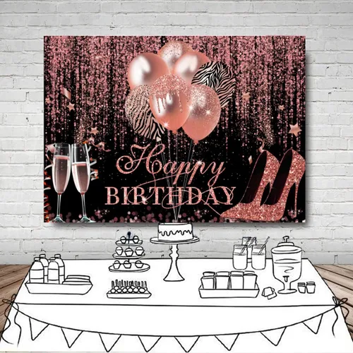 Vista 4 de Sensfun Telón de fondo de feliz cumpleaños con purpurina oro rosa y negro, decoración de cumpleaños, tacón champán, fondo de fotografía para mujeres