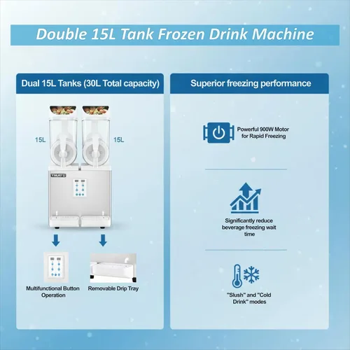 Vista 3 de Máquina comercial de granizado 30L Máquina de bebidas congeladas 2 tanques Slushy Maker Margarita para Restaurante Fiesta Cafetería o Bar Fiestas
