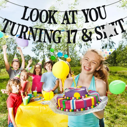 Vista 4 de Cartel de feliz cumpleaños número 17, Cheers to 17 years, Young Sweet and Only 17, adolescentes niños y niñas, divertidas decoraciones de fiesta