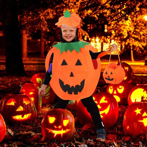 Vista 7 de 3PCS Pumpkin Costume for Children Halloween Pumpkin Cosplay Party Clothes and Hat