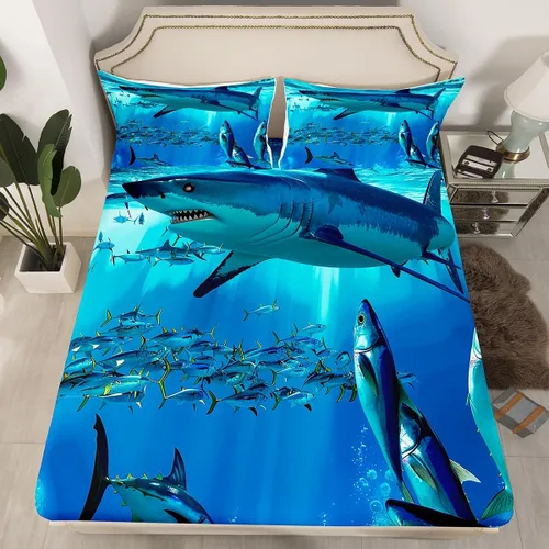 Vista 12 de Sábana bajera ajustable de tamaño individual para niños, diseño de animales marinos náuticos, juego de ropa de cama coral bajo el mar, juego de ropa