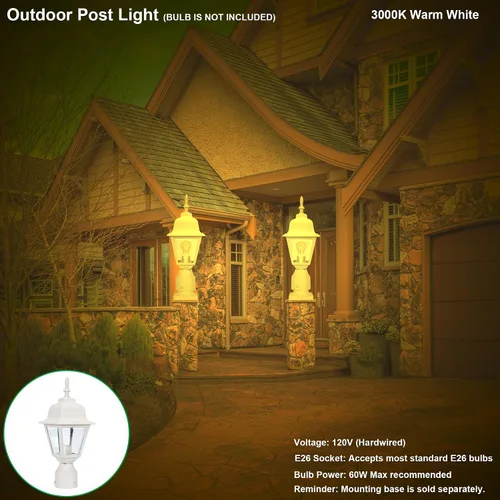 Vista 6 de LIT-PaTH Farol de poste de iluminación al aire libre, base mediana E26 máximo de 60 W, carcasa de aluminio más vidrio transparente, bombilla