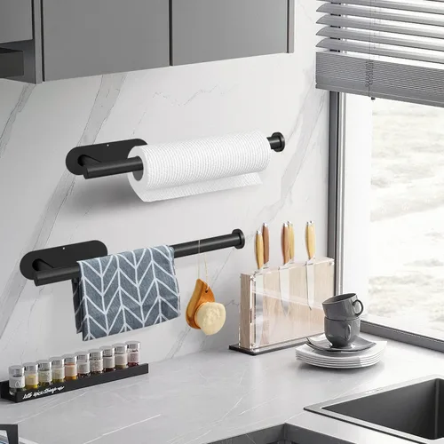 Vista 2 de DEKAVA - Soporte para toallas de papel para usar en la pared o debajo del gabinete en la cocina, autoadhesivo, de barra, estante, de acero Negro